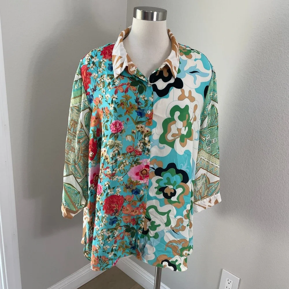 Rose + Olive Womens Plus 3X Patchwork Floral Paisley Button Front Blouse Top - Picture 1 of 9